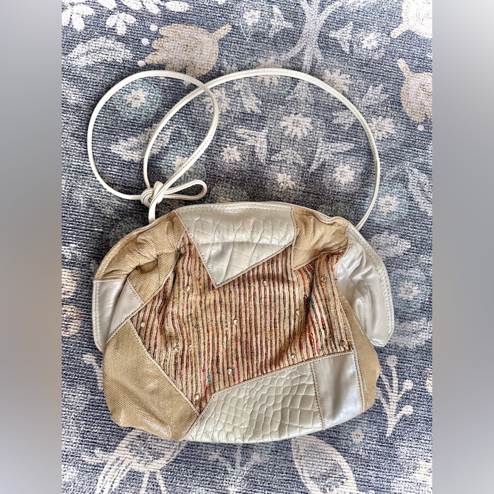 Vintage Paul Joseph Patchwork Crossbody Clutch Bag Pearlescent Cream Gold Tan